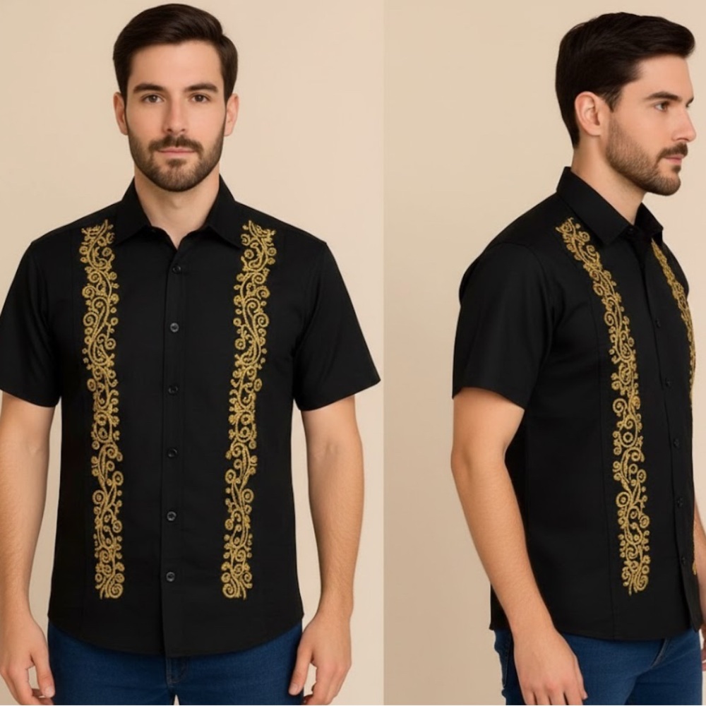 Men's Mexican Black Embroidered Shirt - Handmade Cotton, Gold Accent (Size M )